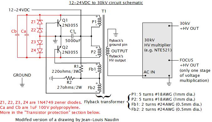 Schematic for 30kV high voltage power supply.