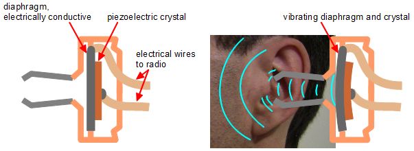How a crystal earpiece/earphone works, showing the piezoelectric crystal inside and how it vibrates to send sound waves into the ear.
