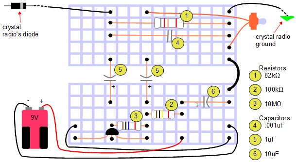 Circuit diagram for the crystal radio ampifier circuit on a breadboard.