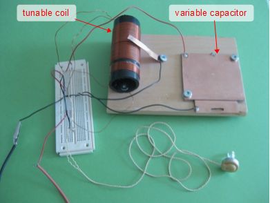 Homemade/DIY crystal radio with tunable coil and variable capacitor with the circuit done on a breadboard.