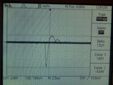 Oscilloscope output showing polarity reversal when testing piezoelectric rochelles salt crytals.