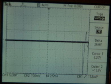 Oscilloscope output showing results of a really hard tap on piezoelectric rochelle salt crystal.