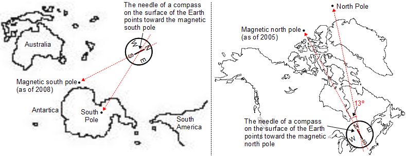 Maps indicating where the magnetic south and north poles are 
      with respect to true south and true north.