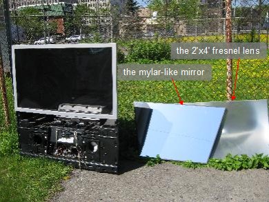 The 2'x4' fresnel lens and the mylar-like mirror from the rear projection TV.