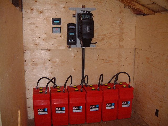 An off-grid solar power/photovoltaic system showing charge controller, inverter and batteries.