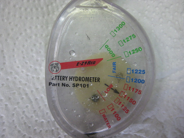 Close up showing the numbers on the dial for a dial type hydrometer for measuring specific gravity in solar batteries.