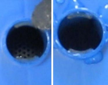 Before view, looking down inside a lead acid battery to see the lead plates before filling with distilled water, and after view showing the water.