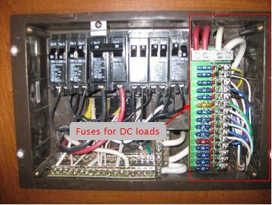 RV/motorhome breaker panel with section for DC loads.