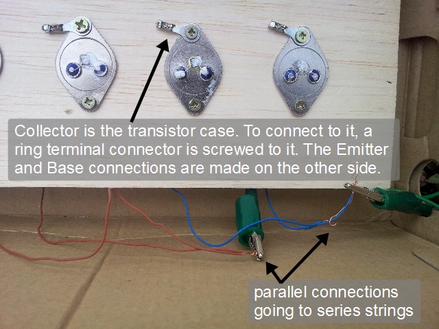 Photo of how the connections were made for the solar panel made of power transistor solar cells.