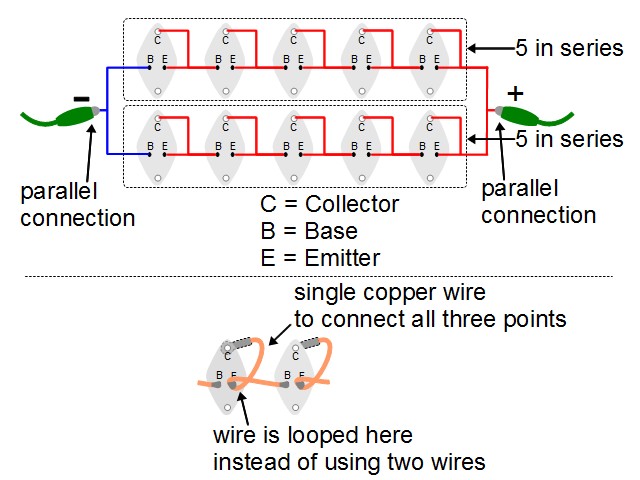 Wiring diagram for solar panel made of 2N3055 transistor solar cells.