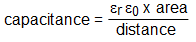 Parallel plate capacitor formula: capacitance = (relative_permitivity x vacuum_permitivity x area) / distance