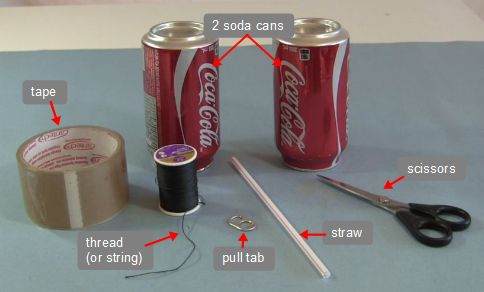 The parts needed for the Franklin's bell: 2 soda cans, thread, a straw, pull tab, tape and scissors.