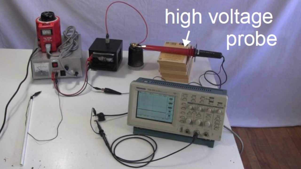 The setup for measuring the voltage output of the high voltage flyback power supply.