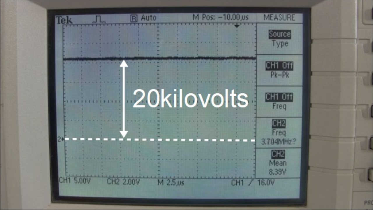 20 kilovolts showing on oscilloscope.