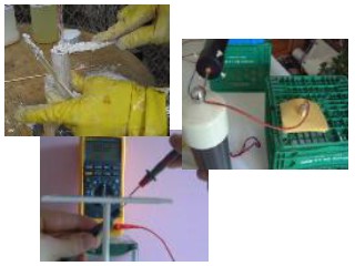 Montage of photos showing measuring dielectric constant and breakdown voltage, and making Barium Titanate capacitors.