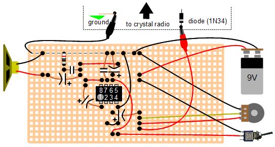 My layout of the crystal radio amplifier on the perfboard.