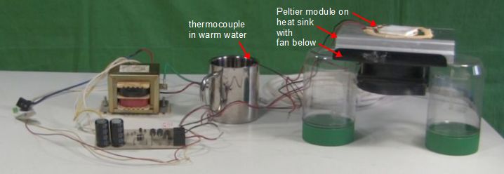 Initial part of the setup for testing the Peltier module cooling efficiency.