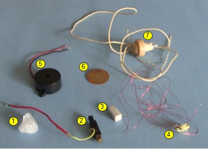 A selection of different piezoelectric crystals including a homemade rochelle salt crystal, piezo igniters from BBQ lighters and hand lighters, a piezo buzzer, a piezoelectric disk from a gift card and a crystal earpiece.