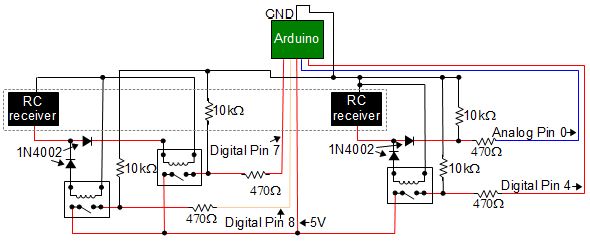 The complete radio control receiver to Arduino converter circuit.
