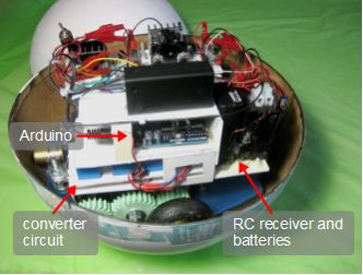 RC receiver to Arduino converter circuit in bottom half of BB-8.