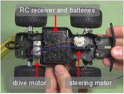 Top of RC truck removed showing the RC reveiver, drive motor
      and steering motor.