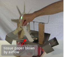 Tissue paper showing airflow from cooling fan for Stirling engine.