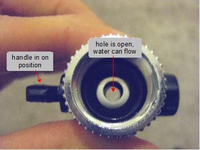 Water on/off valve in open position.