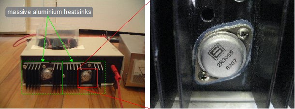 Power supply with heatsinks attached and closeup of transistor.