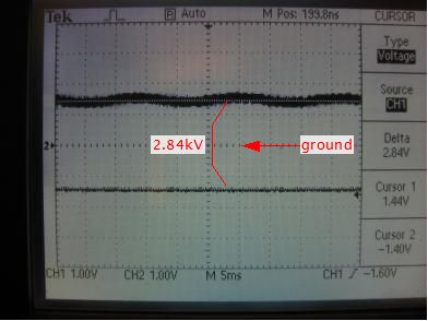 The oscilloscope output during testing of the 
      positive/negative Cockroft-Walton voltage multiplier boards.