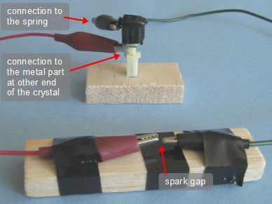 Closeup of the wires connected to the piezoelectric igniter and the spark gap.