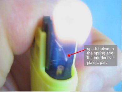 The spark from the piezoelecrtic igniter igniting the gas in the lighter to create a flame.