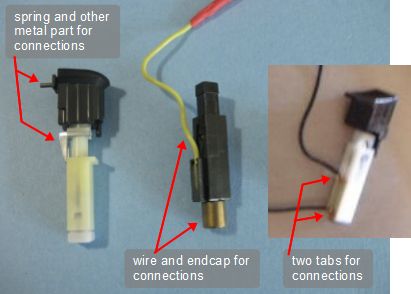 Three different piezoelectric igniters, one from a cigarette lighter and two from BBQ lighters.