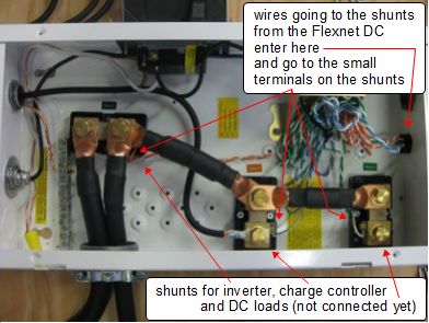 Multiple shunts in a solar system being monitored by an OutBack Flexnet DC amp hour meter.