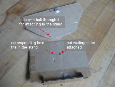 The holes in the elevation gage and the stand prior to attaching them together.