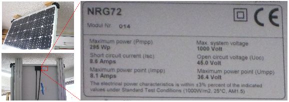 Front and back of a solar panel, or solar module, and the label with the specifications on the back of the module.