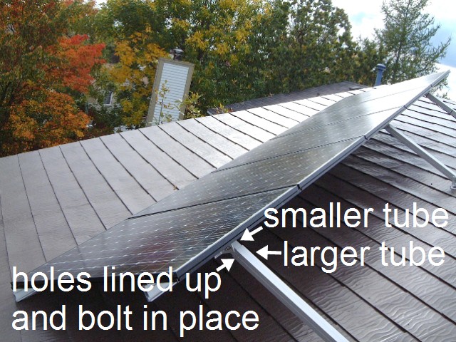 Adjusting solar panel angle using telescoping tubes.