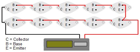 Circuit diagram for my solar panel made of solar cells made from 2N3055 power transistors for powering my calculator.