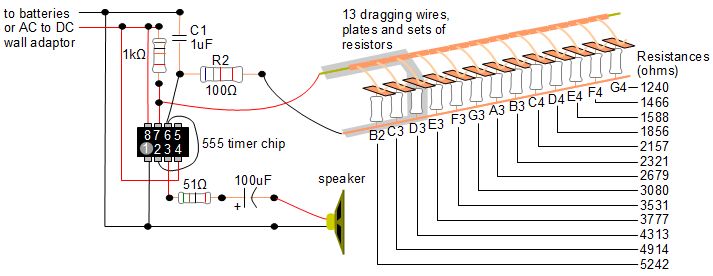 Circuit for Maker Faire 555 timer chip music player.