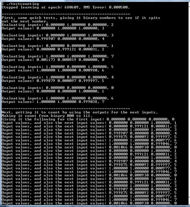 Screeen dump of the testcounting backpropagation neural network 
      program