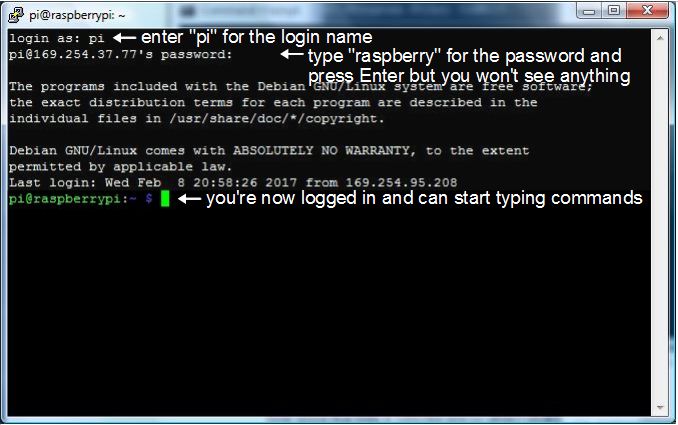 Logging into an SSH session on a Raspberry Pi.