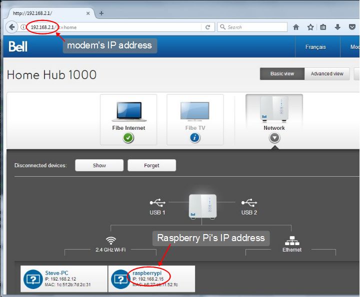 Finding the Raspberry Pi's IP address in Firefox.