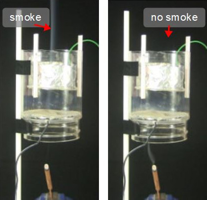 The electrostatic smoke precipitator turned off with smoke passing through and on with smoke being collected.