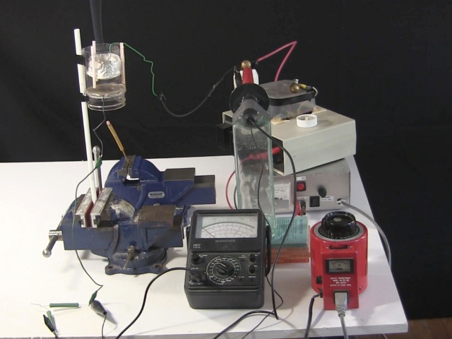 The setup for measuring the voltage needed for the smoke precipitator.