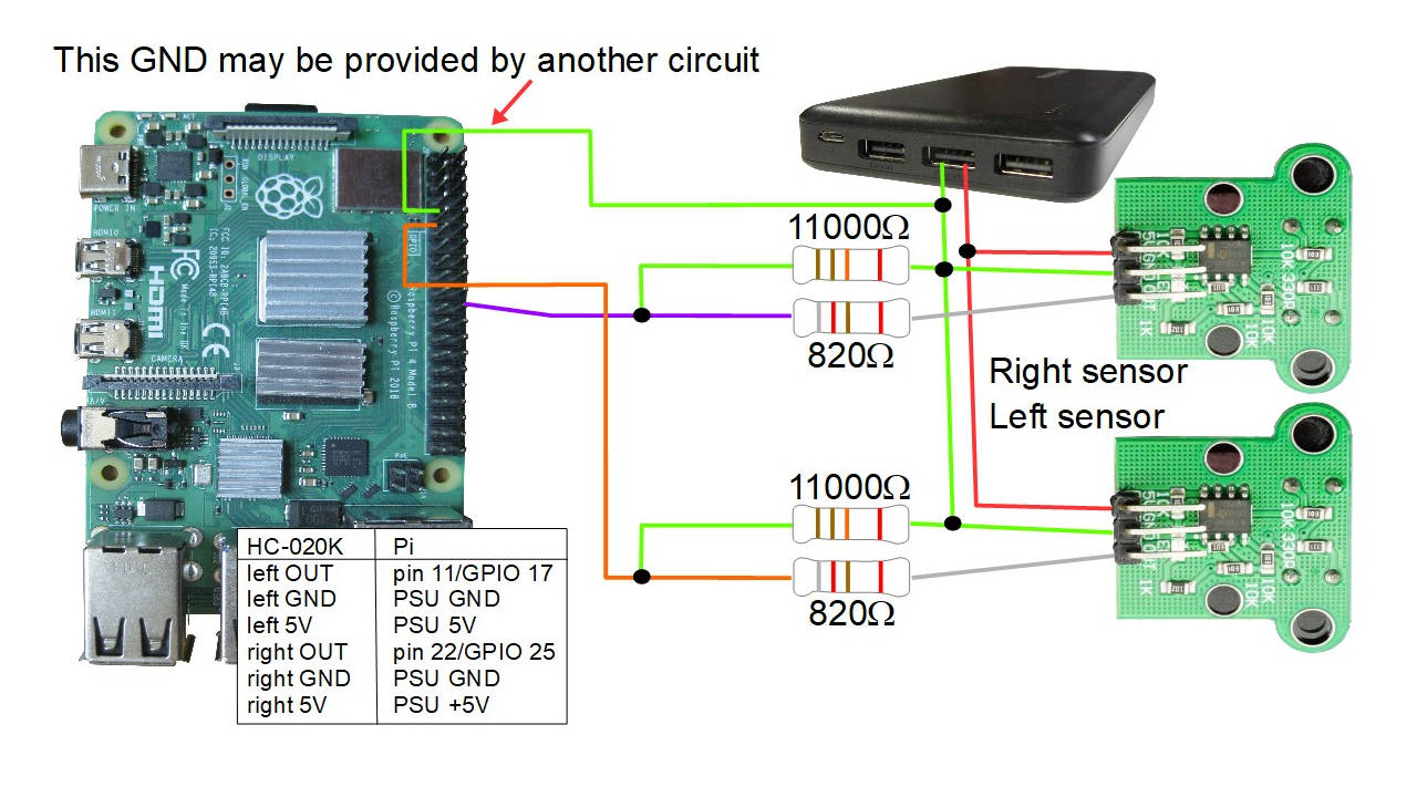Circuit diagram for connecting the HC-020K motor encoder speed sensors for the Raspberry Pi 4B and battery bank.
