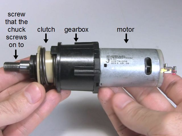 Drill motor showing the clutch, gearbox and motor.