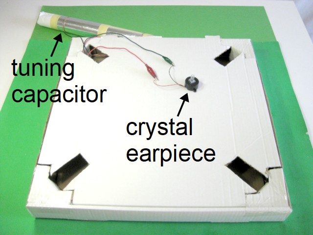 Loop antenna crystal radio in a pizza box.