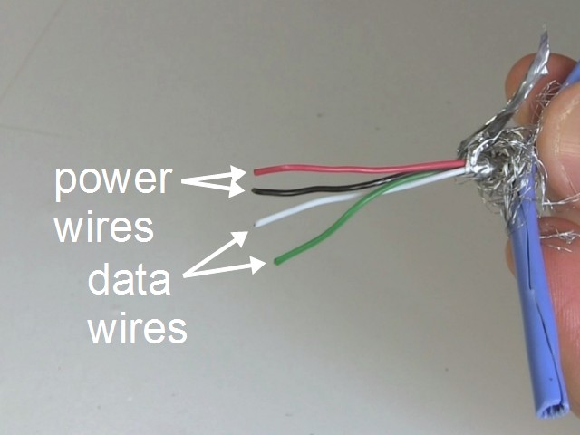 Showing the red and black power wires and the white and green data wires in the USB cable..