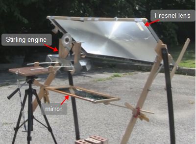 Big Stirling engine powered by my Fresnel lens doing solar concentration.