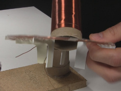 Lowering the secondary coil through the spiral primary coil.