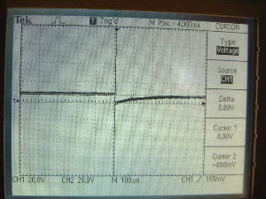 Oscilloscope output showing the 8kV spike during arcing
inside the electric field thruster.
